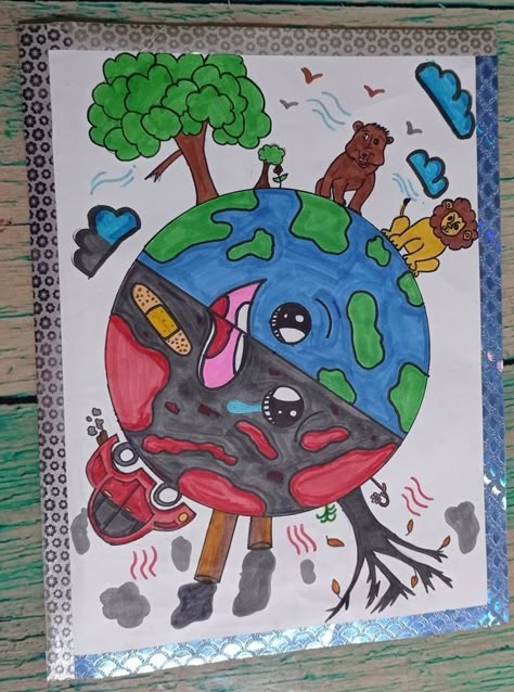 Day Of Earth Drawing, Earth Half Good Half Bad Drawing, Drawing On Earth Day, Earth Day Drawings Art, Save The Planet Drawing, Save Earth Drawing Art, Earth Day Drawings, Earth Day Art Projects, Dan Planeta Zemlje