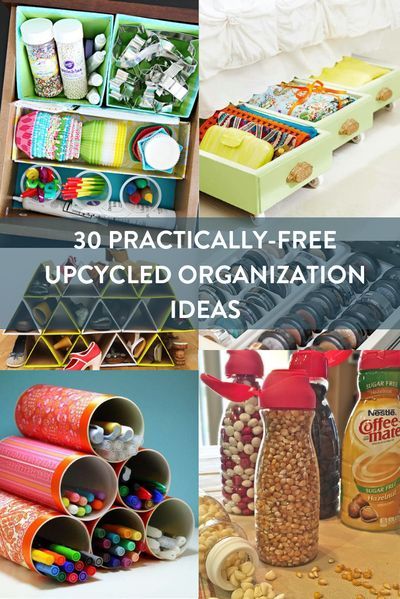 These upcycled organization ideas will help you get organized while recycling stuff you already have. Sort your stuff at almost no cost! Repurposed Organization Ideas, Upcycling, Organisation, Recycled Storage Ideas, No Cost Organization Diy, Upcycled Organization Diy Storage, Recycle Organization Ideas, Upcycling Organization Ideas, Upcycle Organization Ideas