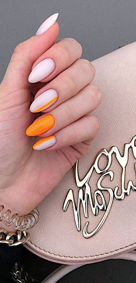 summer nail colors 2021, summer nails ideas, summer nails 2021, summer nail art, summer nail designs 2021, summer nails acrylic, summer nails colors, summer nail ideas 2021, bright summer nails 2021 Orange Football Nails, End Of Summer Nails Ideas Almond, White And Orange Nails Acrylic, White Orange Nails, Nails Orange And White, Orange White Nails, White And Orange Nails, Orange And White Nails, Late Summer Nail Ideas