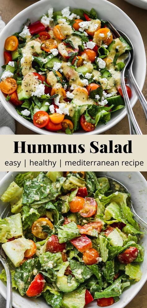 Pinterest graphic for a healthy hummus salad recipe. Hummus Salad Dressing, Pita Wraps, Mediterranean Hummus, Hummus Salad, Hummus Bowl, Creamy Hummus, Salad Menu, Hummus And Pita, Grain Bowls