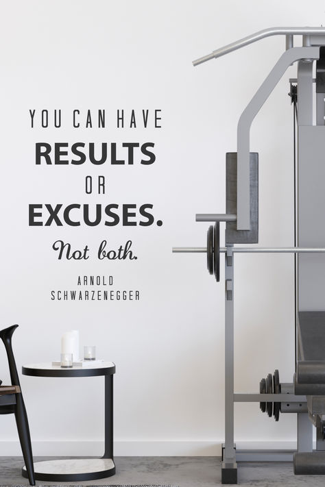 Stay inspired with the motivational wall decal You Can Have Results or Excuses by Arnold Schwarzenegger. Perfect for home offices, gyms, or living rooms, this powerful quote encourages commitment and accountability. Enhance your home decor with this stylish and meaningful wall decal, designed to inspire determination and drive Arnold Schwarzenegger Quotes, Quote For Home, Be Focused, Home Gym Decor, Home Gym Design, Gym Decor, Wall Quotes Decals, Motivational Wall, Gym Design