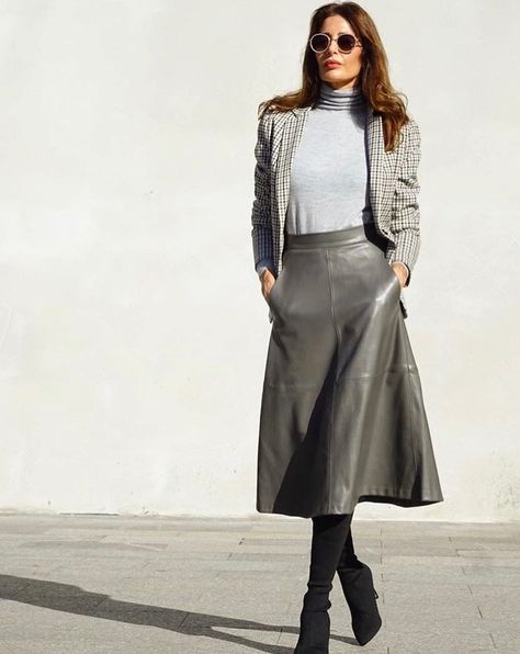 A Line Leather Skirt, Flare Skirt Outfit, Leather Flare Skirt, Long Grey Skirt, Blue Leather Skirt, Club Skirt, Long Leather Skirt, Club Skirts, Dress Skirts