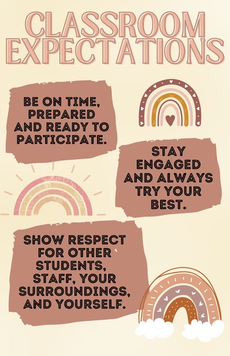 Boho Classroom Expectations Poster #bohoteacher Simple Classroom Expectations, Boho Classroom Rules, School Posters Aesthetic, Aesthetic Classroom Posters, Teacher Posters For Classroom, Boho Theme Classroom Decor, Boho Room Posters, Teacher Poster Ideas, Classroom Expectations Elementary