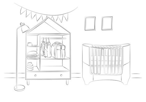 Baby room graphic black white interior s... | Premium Vector #Freepik #vector #furniture-sketch #room-sketch #sketch-art #baby-cot Crib Drawing, Bedding Packaging, Sketch Room, Vector Furniture, Room Sketch, Nursery Drawings, Beautiful Tree Houses, Furniture Sketch, Bedroom Drawing