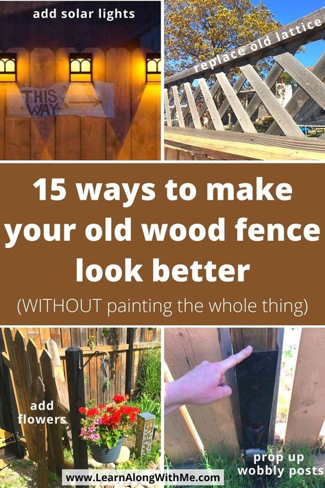 15 ways to make your old wood fence look better without painting or staining the whole thing. It includes some fence art ideas, fence decorations, and tips on how to improve the look of your fence such as fixing sagging sections, propping up wobbly fence posts, adding flower baskets and more cheap fence ideas. Paint Fence Ideas Backyards, Old Wood Fence, Painted Wood Fence, Wood Fence Ideas, Outdoor Fence Decor, Stockade Fence, Privacy Fence Ideas, Fence Decorations, Diy Backyard Fence