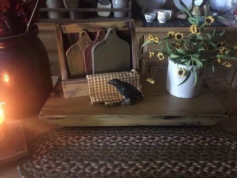 The olde thymes | Facebook End Tables Living Rooms, Primitive Tables, Table Riser, Primitive Christmas Decorating, Primitive Kitchen Decor, Primitive Colonial, Primitive Kitchen, Primitive Farmhouse, Bench Stool