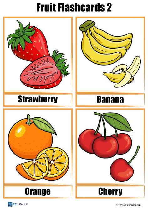 40 free fruit flashcards (PDF) - ESL Vault Fruit Flash Cards, Flash Cards For Kids, Vocabulary Flash Cards, Family Coloring Pages, Farm Animals Birthday Party, Kids Worksheets Preschool, Learn To Spell, Free Fruit, Flashcards For Kids