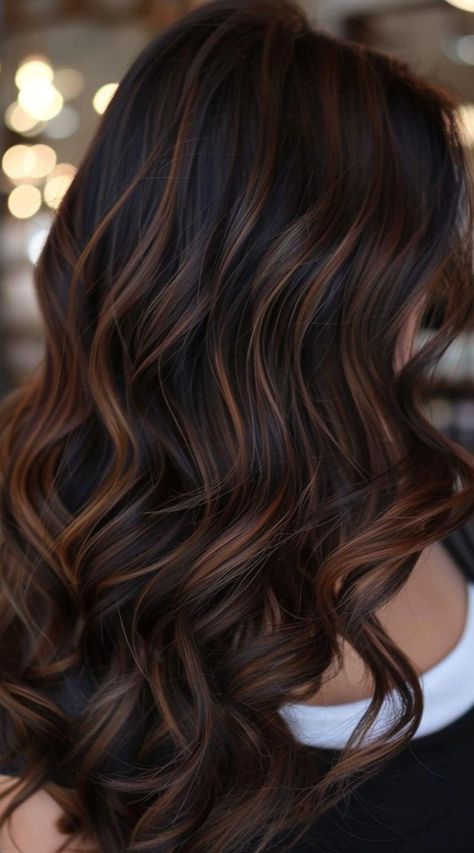 Haircolor Ideas For Dark Brown Hair, Natural Black Hair With Brown Highlights, Dark Espresso Hair Color With Highlights, Long Dark Hair Highlights, Hair Color For Dark Hair With Highlights, Brunette Balayage Hair Dark Roots, Dark Root Brown Balayage, Full Babylights On Dark Hair, Hair Colour Ideas Brunette