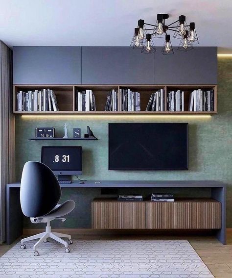 Media Wall With Desk Ideas, Tv Unit With Desk Design, Tv Console And Desk, Tv Wall With Office Desk, Tv Unit With Desk, Tv Desk Wall, Office Tv Room Combo, Home Office Tv Room Combo, Tv Accent Wall