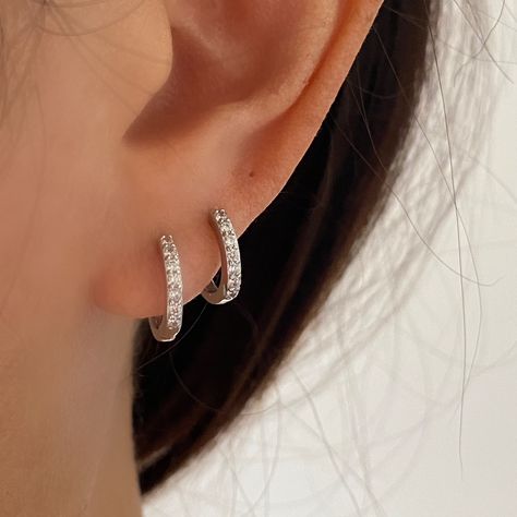 Sterling Silver Cubic Hoop Earrings, Dainty Sparkle Silver Hoops, Basic Simple Silver Hoops, Ear Stacking, Second Hoops, Everyday Earring by AnettJewellery on Etsy Ear Stacking, Second Ear Piercing, Simple Silver Earrings, Double Ear Piercings, Lobe Piercing, Earrings Dainty, Jewelry Lookbook, Sterling Silver Hoop Earrings, Everyday Earrings