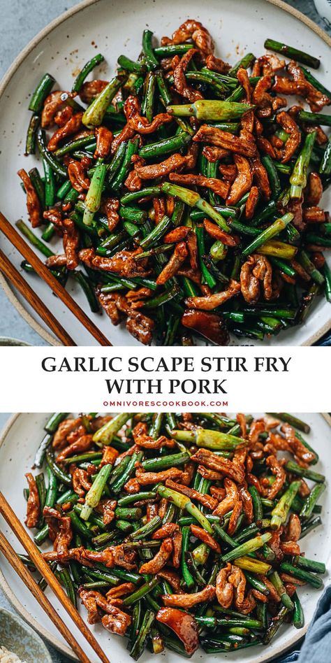 Garlic scape stir fry with pork is a Chinese homestyle dish that helps you incorporate garlic scapes into your weekday dinner. The crisp garlic scapes are cooked with tender pork in a brown sauce that’s just enough to coat the ingredients. It’s fragrant, rich, and comforting, making it a hearty main dish over steamed rice. {Gluten-Free Adaptable} Stir Fry With Pork, How To Cook Garlic, Garlic Scapes, Green Garlic, Chinese Recipe, Pork Stir Fry, Weekday Dinner, Garlic Chives, How To Cook Asparagus