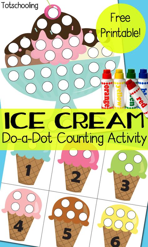 FREE ice cream themed printables to go along with Do-a-Dot markers. Practice counting, number recognition and one-to-one correspondence while decorating the ice cream cones and ice cream sundae. Dot Marker Printables, Ice Cream Crafts, Folder Activities, Counting Activity, Summer Preschool, Ice Cream Theme, Cvc Word, Do A Dot, Folder Games