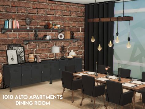 Sims 4 Cc Dinner Room, Sims 4 Dinner Room, Sims Dining Room Ideas, Sims4 Room Ideas, Industrial House Interior, Sims Party, Sims 4 Dining Room, Modern Living Room Black, Sims 4 Apartment