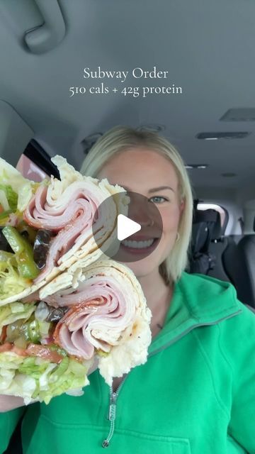 Samantha Milton on Instagram: "Subway Order🥪 eating in a calorie deficit. 510 cals + 42g protein Oven Roasted Turkey & Ham Wrap with: Double Turkey, more lettuce, tomatoes, green peppers, red onions, pickles, black olives, jalapeños, banana peppers, sweet onion teriyaki, black pepper & salt. #subway #wrap #turkey #ham #lowcal #menu #hack #order #highprotein #mealprep #fastfood #weightloss #pcos #caloriedeficit #drivethru #sweet #onion #sauce #lunch #eatwithme" Low Calorie Fast Food Lunch, Calorie Deficit Fast Food, Subway Order Ideas, Healthy Lunch Fast Food Options, High Protein Fast Food Options, Calorie Deficit Lunch, Low Calorie Chipotle Order, Chicken Wrap Low Calorie, Fast Food Calorie Deficit