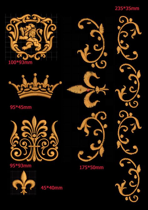 Royal set, lion, crown, ornamental design - Machine Embroidery designs set Royal Design Pattern, Ornament Designs Pattern, Royal Embroidery Design, Golden Embroidery Design, Victorian Pattern Design, Royal Embroidery, Royal Drawing, Embroidery Ornament, Lion Crown