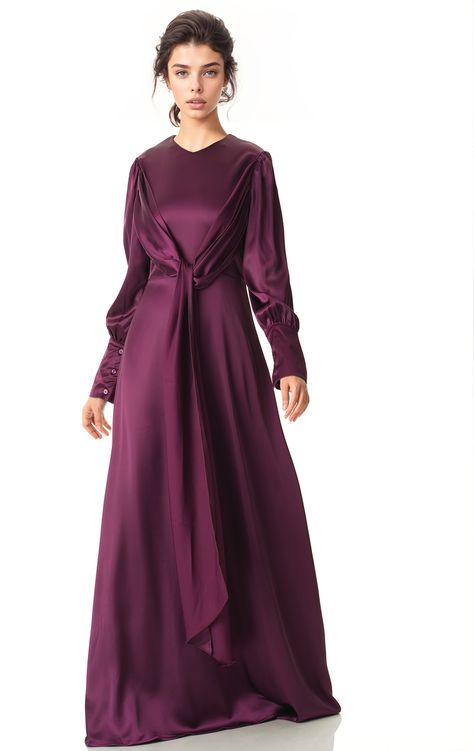 Sleek and classy eggplant satin maxi dress Kabayare Dresses Full Sleeves, Full Sleeve Maxi Dress, Long Sleeve Boho Maxi Dress, Islamic Modest Fashion, Elegant Silk Dresses, Satin Silk Dress, Chic Cocktail Dress, Modest Maxi Dress, Silk Satin Dress