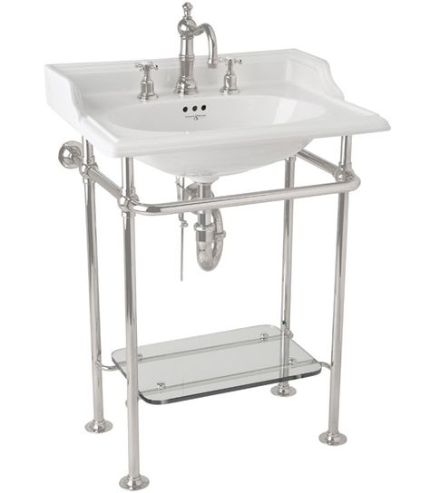 The polished-nickel stand of Perrin & Rowe's Victorian basin includes a built-in shelf, so extra linens are always within arm's reach. Bathroom Console, His And Hers Sinks, Small Bathroom Sinks, Washbasin Design, Console Sink, Bathroom Fittings, Creative Bathroom, Victorian Bathroom, Wash Stand