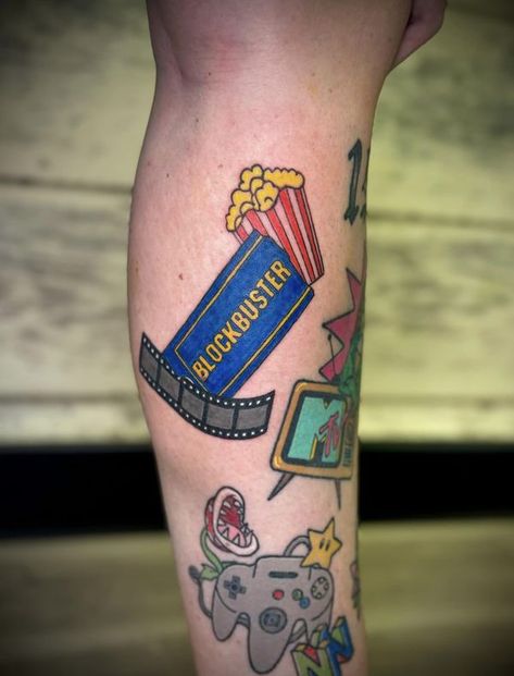 90's Nostalgia | So I’m a new tattoo artist and Ive been working on my own personal 90s themed leg for practice…still adding more lol  | Facebook 90s Tattoos, Theme Tattoo, Gaming Tattoo, 90s Theme, Card Drawing, New Tattoo, On My Own, Tattoo Artist, Flash Tattoo