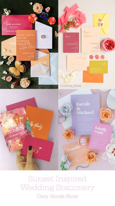 Bright orange pink yellow sunset colors inspired trendy wedding invitations and other stationery collage Sunset Inspired Wedding, Sunset Wedding Theme, Sunset Wedding Colors, Pink Yellow Weddings, Sunset Wedding Invitations, Pastel Wedding Theme, Orange And Pink Wedding, Wedding Theme Color Schemes, Orange Wedding Colors