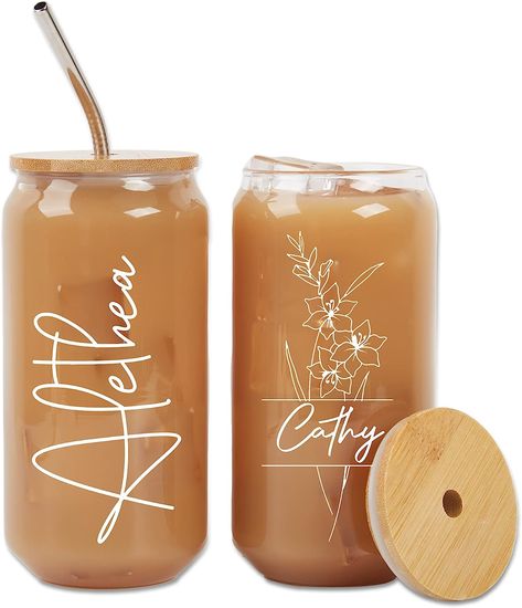 Super Cute Glass Tumbler with Stainless Steel Straw. You can customize for your bridesmaids! Can Glass Cups, Flower Tumbler, Steel Straw, Glass Cups, Birth Flower, Glass Tumbler, Gift Birthday, Iced Coffee, Bachelorette Party