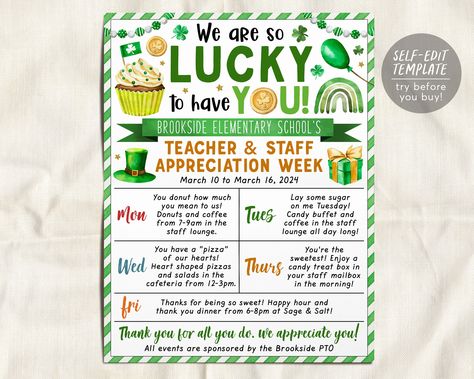 Lucky To Have You Staff Appreciation, March Staff Appreciation Ideas, March Teacher Appreciation Ideas, Hr Ideas, Staff Appreciation Week, Employee Recognition, Staff Appreciation, Lucky To Have You, Employee Appreciation