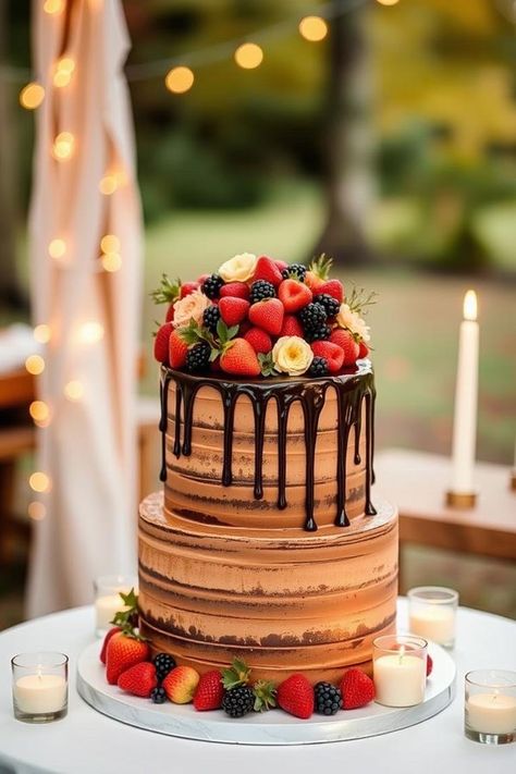 Berry-Topped Chocolate Drip Cake, Chocolate Cake, autumn wedding cake, fall wedding cake Berry Drip Cake, Drip Cake With Strawberries, Chocolate Drip Cake With Flowers, Wedding Cake Fall, Wedding Cake Chocolate Drip, Cake Autumn, Autumn Wedding Cake, Chocolate Drip Cake With Strawberries, Cake Fall