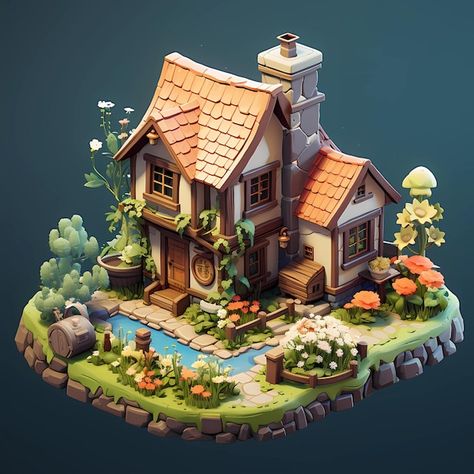 Small House Concept Art, Isometric House Illustration, Cottage Concept Art, Blender House, Small House Drawing, Fantasy House Concept Art, Stylized Building, Fantasy House Concept, House Isometric