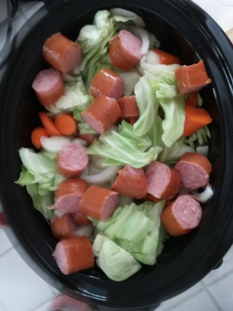 Crockpot Sausage and Cabbage – dawns-ad-lib.com® Cabbage Crockpot, Cabbage Slow Cooker, Crockpot Cabbage Recipes, Crockpot Sausage, Sausage And Cabbage, Slow Cooker Kielbasa, Kielbasa And Cabbage, Sausage Crockpot, Cabbage And Sausage