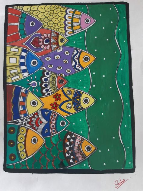 Folk Art Fish Painting, Easy Fish Painting, Colorful Fish Painting, Phish Art, Madhubani Fish, Folk Art Fish, Fly Fishing Art, Gond Painting, Fish Quilt