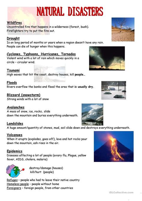 Natural Disasters For Kids, Natural Disasters Lessons, Comprehension Exercises, Teaching Geography, Social Studies Worksheets, Teaching Jobs, Esl Worksheets, Science Activities, Reading Skills