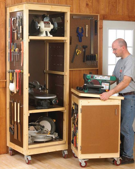 Bench-Tool Storage System Woodworking Plan — Save valuable space by storing your benchtop tools vertically on trays in a roll-around cabinet. The matching tool base makes a perfect mobile workstation. Wood Store, Shop Cabinets, Woodworking Workbench, Diy Holz, Shop Storage, Popular Woodworking, Woodworking Plan, Woodworking Jigs, Woodworking Bench