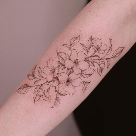 Pear Tree Blossom Tattoo, Flower Tattoo Cherry Blossom, Honey Bee Apple Blossom Tattoo, Cherry Blossom Hip Tattoos Women, Apple Blossom Flower Tattoo, Pear Blossom Tattoo, Cherry Blossom Fine Line Tattoo, Cherry Blossom Tattoo Black And White, Cherry Blossom Hip Tattoo