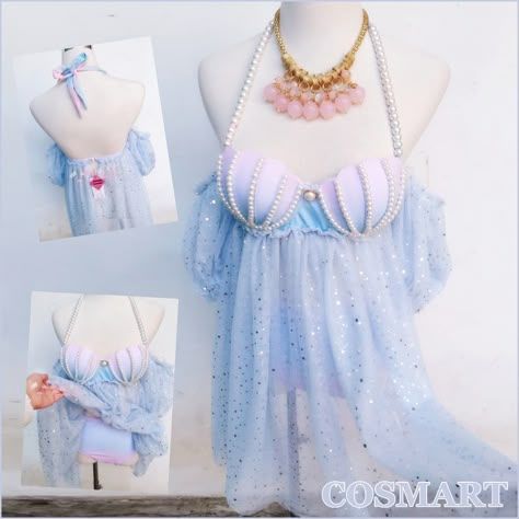 Mermaid Outfit Design, Kokomi Aesthetic Outfit, Fantasy Beach Outfit, Seacore Aesthetic Outfit, Mermaid Asthetics Outfit, Water Themed Dress, Water Inspired Outfits, Water Themed Outfits, Mermaid Outfit Aesthetic