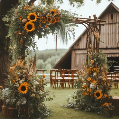 Flowers for a Wedding Arch Creating a Stunning and Memorable Backdrop (4) Rustic Arch Decoration Wedding, Rust Sunflower Wedding, Sunflowers And Pampas Wedding, Wedding Arch With Sunflowers, Sunflower Farm Wedding, Wedding Arbor Sunflowers, Rustic Wedding Decor Sunflowers, Rustic Wedding With Sunflowers, Sunflower Archway