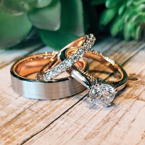 Bride And Groom Ring Sets, Trio Wedding Ring Set, Matching Engagement Rings His And Hers, Wedding Ring Sets His And Hers, Aquamarine Engagement Ring Vintage, Couples Wedding Rings Set, White Gold Engagement Rings Unique, Womens Wedding Ring Sets, Trio Ring Set