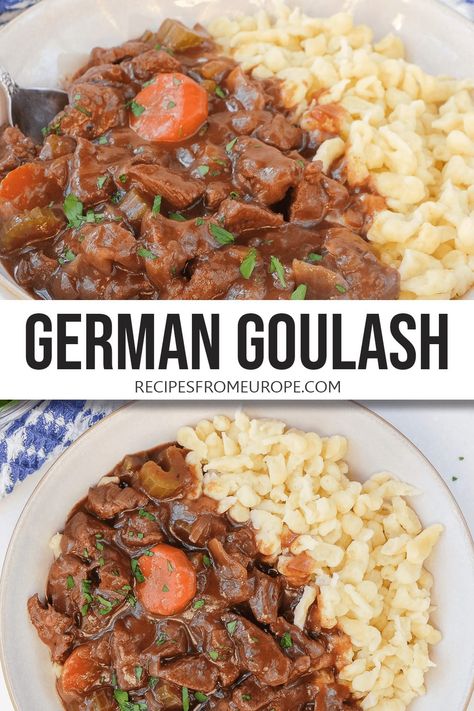 Looking to make a hearty German goulash? This rich and meaty dish is easy to make and serves well with spaetzle, bread dumplings, and more! #germanrecipes #beefrecipes German Goulash, Beef And Pasta, Easy German Recipes, German Food Authentic, Bread Dumplings, European Dishes, Perfect Roast, Oktoberfest Food, Goulash Recipes