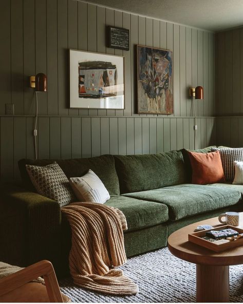 Blue And Green Living Room, Sage Green Paint Color, Sage Green Paint, Article Furniture, Living Room Reveal, Trending Paint Colors, Green Couch, Basement Makeover, Emily Henderson