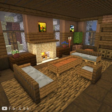 Tutorial for this build is on our YouTube channel: Fiki & Biki 🐔 (link in bio) Minecraft Underground Room Ideas, Minecraft Sitting Room Ideas, Minecraft Workshop Ideas Interior, Minecraft Blacksmith Ideas Interior, Blacksmith Minecraft Interior, Minecraft Interior Ideas Living Rooms, Cute Minecraft Living Room, Minecraft Blacksmith Interior, Rooms In Minecraft