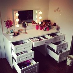 Jysk.ca - LAURA NARROW 5 DRAWER DRESSER | Makeup & Nails ... Dressing Table Ideas, Rangement Makeup, Diy Vanity Mirror, Makeup Table Vanity, Diy Vanity, Vanity Room, Vanity Design, Makeup Rooms, Bedroom Vanity