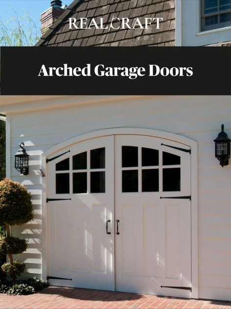 White Custom Arched Garage Doors with strap hinges. Arched Garage Doors, Folding Garage Doors, Sliding Garage Doors, Carriage House Garage Doors, Garage Door House, Carriage House Doors, Custom Entry Doors, Wooden Garage Doors, Custom Garage Doors