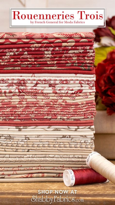 Transport yourself to the timeless elegance of 18th and 19th-century France with the Rouenneries Trois fabric collection by French General for Moda Fabrics. Over 15 years ago, Moda collaborated with French General to create the original Rouenneries, a collection steeped in the rich hues of old reds and neutrals reminiscent of historical French aesthetics. Now you can revel in this reimagining, featuring similar styles in a look all its own. French General Quilts, French Aesthetics, French General Fabric, Moda Fabric Collections, Fabric Outlet, French General, Bag Inspiration, Fabric Stores, Patriotic Quilts