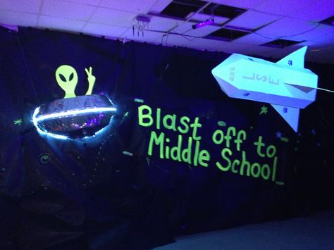 Space themes party crafts Space Theme Graduation Party, 6th Grade Dance Theme Ideas, Space Theme Dance Decorations, Space Theme Pep Rally, Space Pep Rally, Peace Out 5th Grade Party, 5th Grade Dance Themes, Space Dance Theme, Space Homecoming Theme