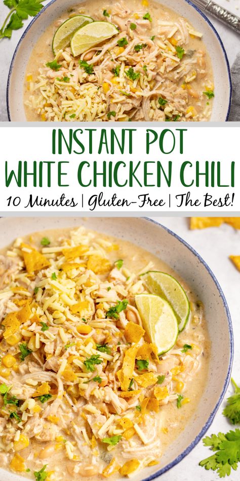 With a cook time of just 20 minutes, this instant pot white chicken chili uses minimal ingredients, minimal prep, but delivers maximum flavor. It's a hearty yet gluten-free chili that is perfect for a quick weeknight dinner that's family-friendly, or a meal prep recipe for lunch that you'll look forward to all week. #instantpotchili #glutenfreeinstantpot #chilirecipes #chickenchili #glutenfreechilii #weeknightdinner Gf Dinners, Hearty Recipes, Gluten Free Comfort Food, Gluten Free Instant Pot, Chili Toppings, White Chili Chicken Recipe, Gluten Free Chili, Instant Pot Soup Recipes, Chicken Chili Recipe