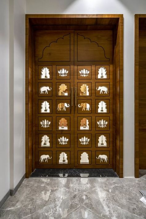 Devghar is a Masterpiece of Craftsmanship, a Sanctuary of Spiritual Reflection Stone Partition Design, Simple Pooja Room Ideas, Pooja Room Door Design Traditional, Rajasthani Interior, Pooja Room Ideas Indian Traditional, Puja Room Design Indian, Pooja Room Ideas Indian Modern, Puja Door, Pooja Room Ideas Indian