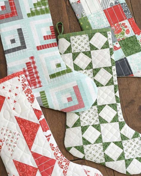 Eco Friendly Christmas Decorations, Thimble Blossoms, Camille Roskelley, Cheater Quilt Fabric, Green Stockings, Quilted Christmas Stockings, Vintage Christmas Stockings, Sustainable Christmas, Stocking Pattern