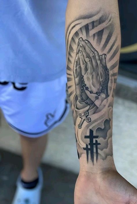 Cross Forearm Tattoo Men Half Sleeves, Guy Wrist Tattoos, Men’s Tattoo Ideas Forarm, Quarter Sleeve Tattoo Men, Mans Tattoo Arm, Biblical Forearm Tattoos For Men, Red Accent Tattoo, Mexican Tattoo Ideas For Men Sleeve, Christian Arm Tattoo Men