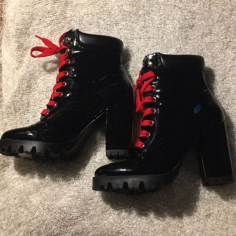 Never Worn - Shiny Black Lace Up Bootie With Red Shoe Strings- No Box Red And Black Combat Boots, Black And Red Boots, Crimson Aesthetic, Red And Black Heels, Black And Red Outfit, Red Black Shoes, Red And Black Shoes, Red And Black Outfits, Red Wedding Shoes