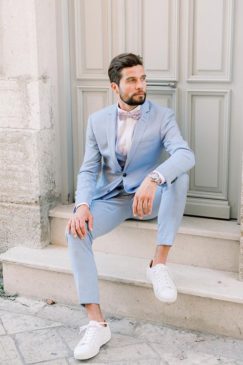 Romantic summer wedding in Corfu | Marine & Bruno - Chic & Stylish Weddings Summer Wedding Outfit Groom, Summer Chique, Social Outfits, Day Wedding Outfit, Cocktail Wedding Attire, Dog Grooming Products, Suits And Sneakers, Romantic Summer Wedding, Light Blue Suit