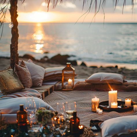 Golden hour magic ✨ An intimate beach setup with soft pillows, glowing candles, and the perfect sunset. Creating moments like these makes any celebration unforgettable. #lifeletter #beachdinner #sunsetvibes #bohochic #outdoorevent #eventdecor #beachvibes #candlesetup #intimatecelebration #bohowedding Candles On The Beach, Bonfire On The Beach, Bonfire Beach Night, Candles On Beach At Night, Fire On Beach Night, Beach Dinner, Candle Glow, Outdoor Event, Soft Pillows