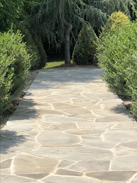 Patio And Garden Ideas Backyards, Sandstone Pavers Patio, Flag Stone Walkway Pathways, White Flagstone Patio, Large Flagstone Patio, Large Stone Patio, Flagstone Driveway Ideas, Sidewalk Pavers Walkways, Flagstone Patio Ideas On A Budget